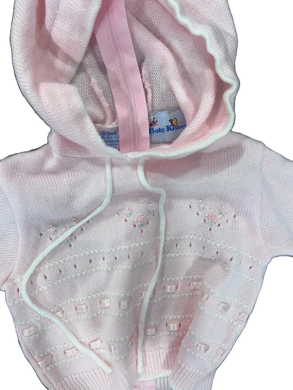 Vintage Baby Kisses Pastel Pink Heirloom Hooded Baby Sweater with Back Zipper